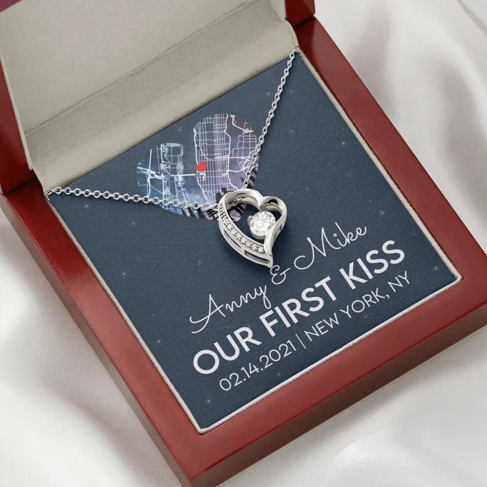 Our First Kiss - Personalized Couple Necklace - Custom Names, Date & Location