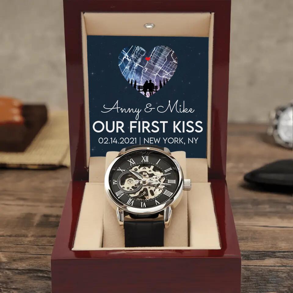 Our First Kiss - Personalized Couple Necklace - Custom Names, Date & Location