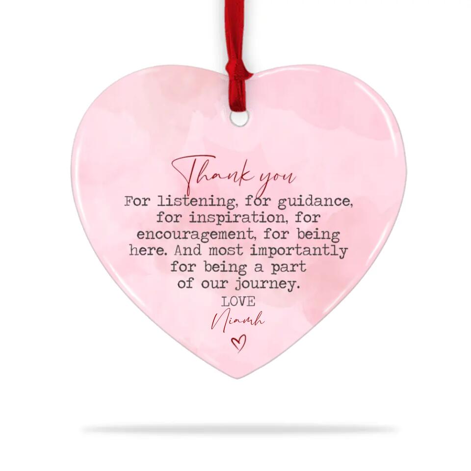 Thank You for Being a Part of Our Journey - Thank You/Appreciation Gift for Baby Shower Hostess/ Boss/ Teacher - Personalized Heart Ornament - Custom Name Ceramic Ornament - 210ICNOUNR044