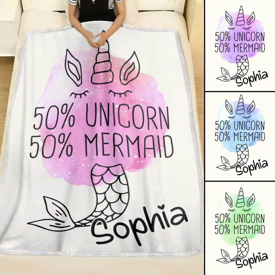50% Unicorn 50% Mermaid - Personalized Name - Custom Nickname - Blanket - Fleece Blanket - Best Gift for Girl Baby Kid - Christmas Gift for Daughter Niece Sister - 211ICNNPBL267