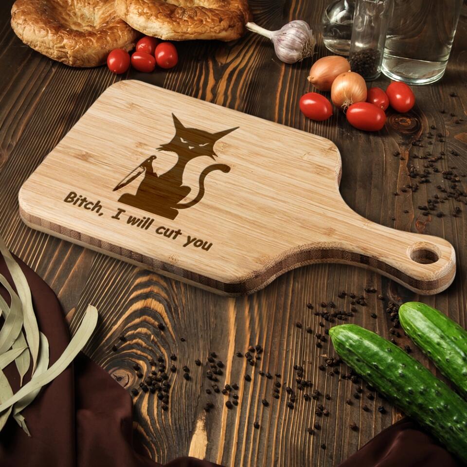 Funny Saying I'll Feed All You Fuckers - Cat This is Where I Murder Vegetables - Personalized Wood Cutting Board - Gift for BFF Family Members
