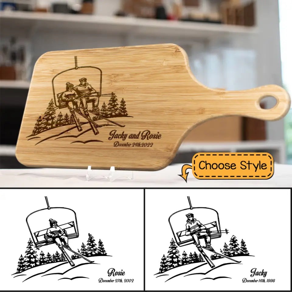 Personalized Ski Couple Names & Date - Snowboarder Chair Lift Snowboard Skis Skier - Wood Cutting Board - Wedding Present Anniversary Bridal Shower - Mountain Art - 212ICNNPWB340