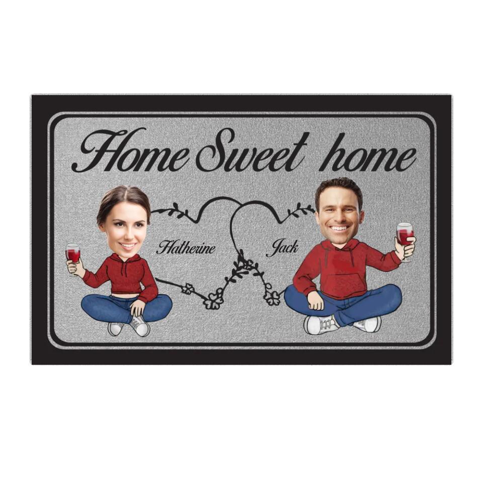 Home Sweet Home Chibi Couple - Housewarming Gifts - Custom Doormat - Anniversary Gift For Couples