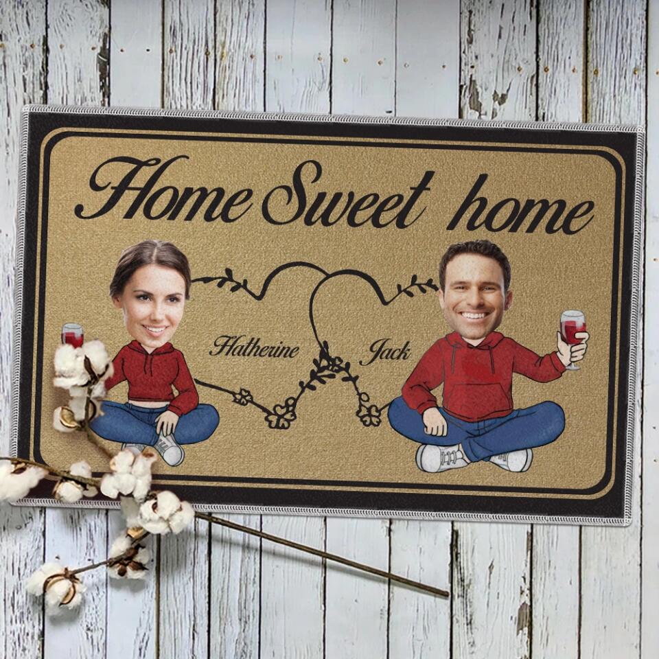 Home Sweet Home Chibi Couple - Housewarming Gifts - Custom Doormat - Anniversary Gift For Couples