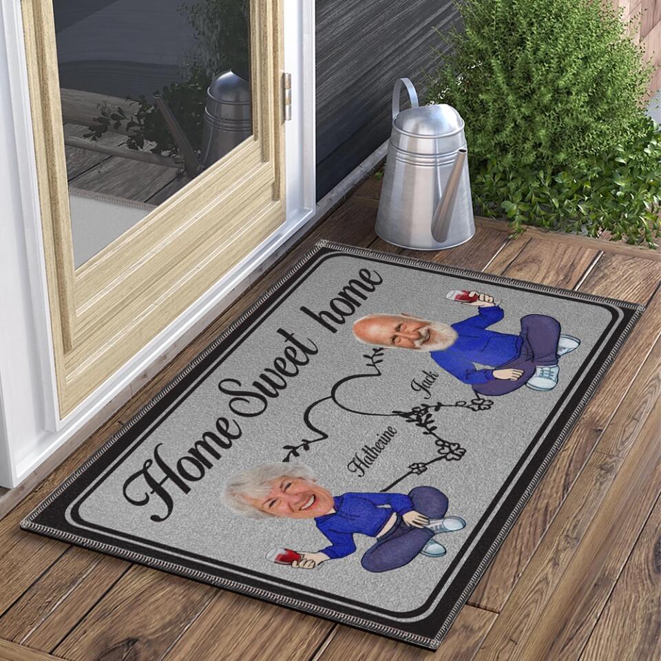Home Sweet Home Chibi Couple - Housewarming Gifts - Custom Doormat - Anniversary Gift For Couples