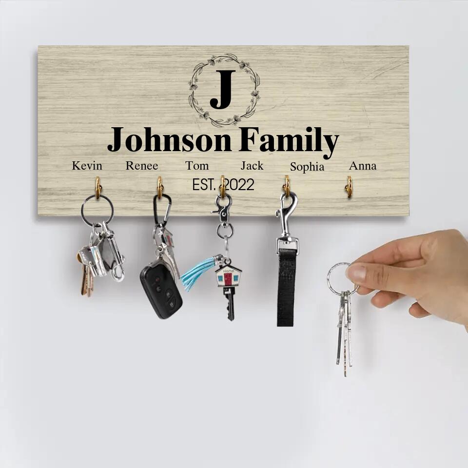 Personalized Monogram Letter & Family Name - Key Holder Hanger - Wooden Sign