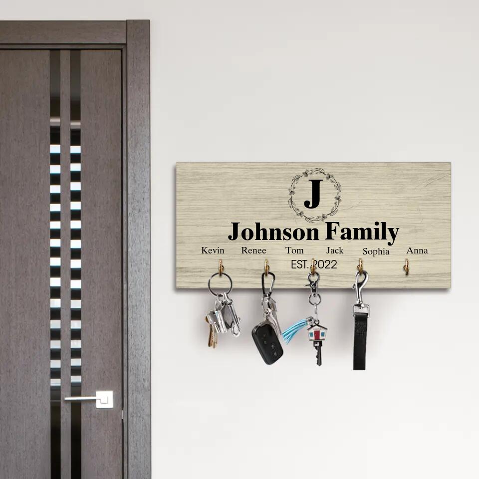 Personalized Monogram Letter & Family Name - Key Holder Hanger - Wooden Sign