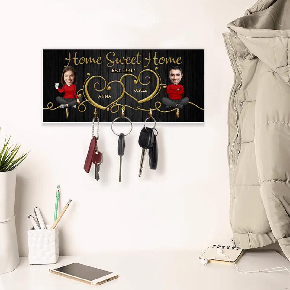 Home Sweet Home Cute Chibi Drawing Couple - Housewarming Gifts - Custom Key Holder - Wedding Gift
