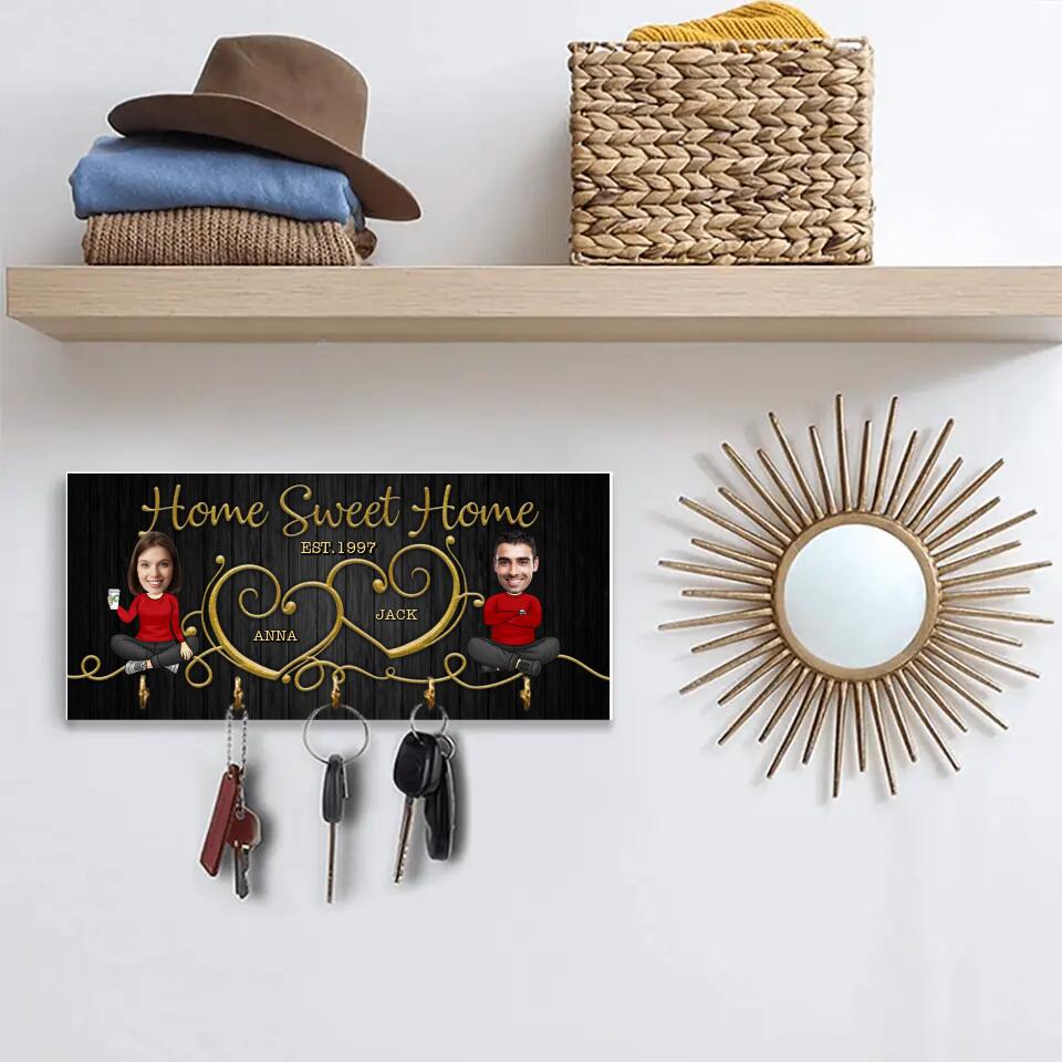 Home Sweet Home Cute Chibi Drawing Couple - Housewarming Gifts - Custom Key Holder - Wedding Gift