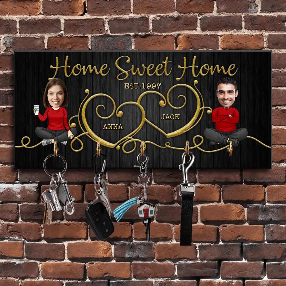 Home Sweet Home Cute Chibi Drawing Couple - Housewarming Gifts - Custom Key Holder - Wedding Gift