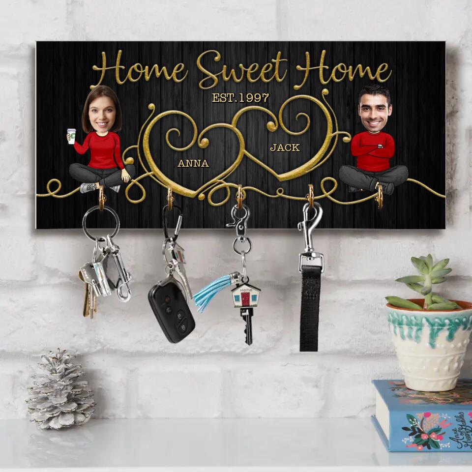 Home Sweet Home Cute Chibi Drawing Couple - Housewarming Gifts - Custom Key Holder - Wedding Gift