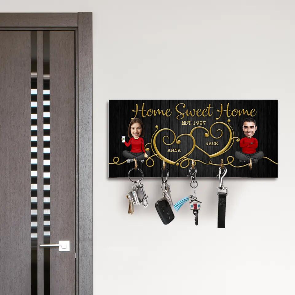Home Sweet Home Cute Chibi Drawing Couple - Housewarming Gifts - Custom Key Holder - Wedding Gift