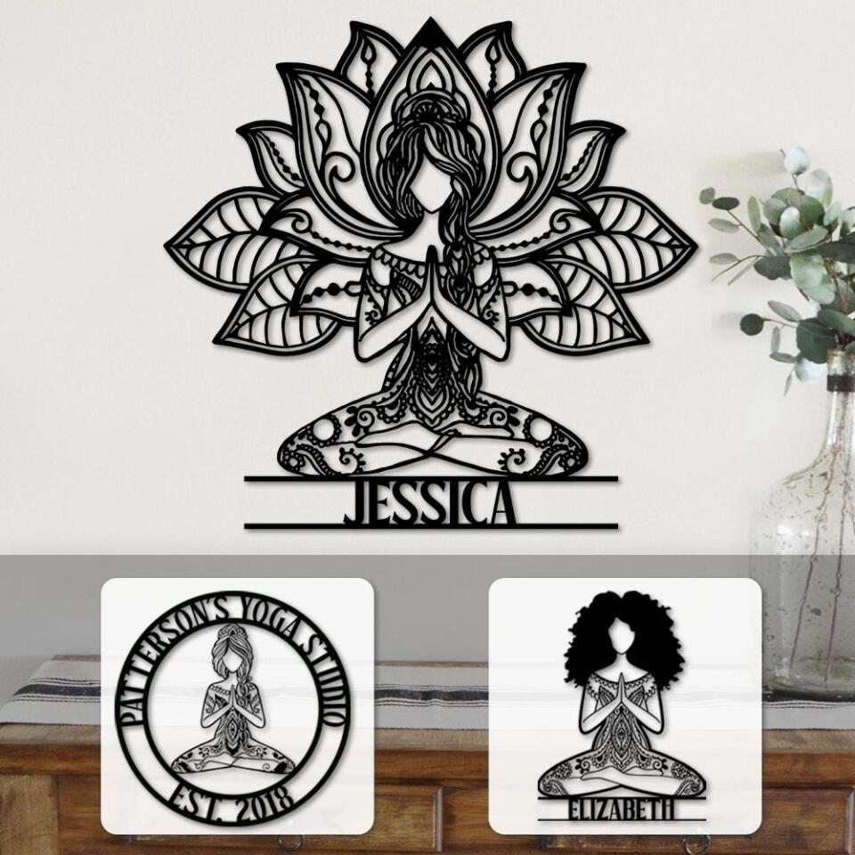 Girl Doing Yoga - Mandala Style Yoga Class Club - Personalized Cut Metal Sign - Gift for Yoga Lovers