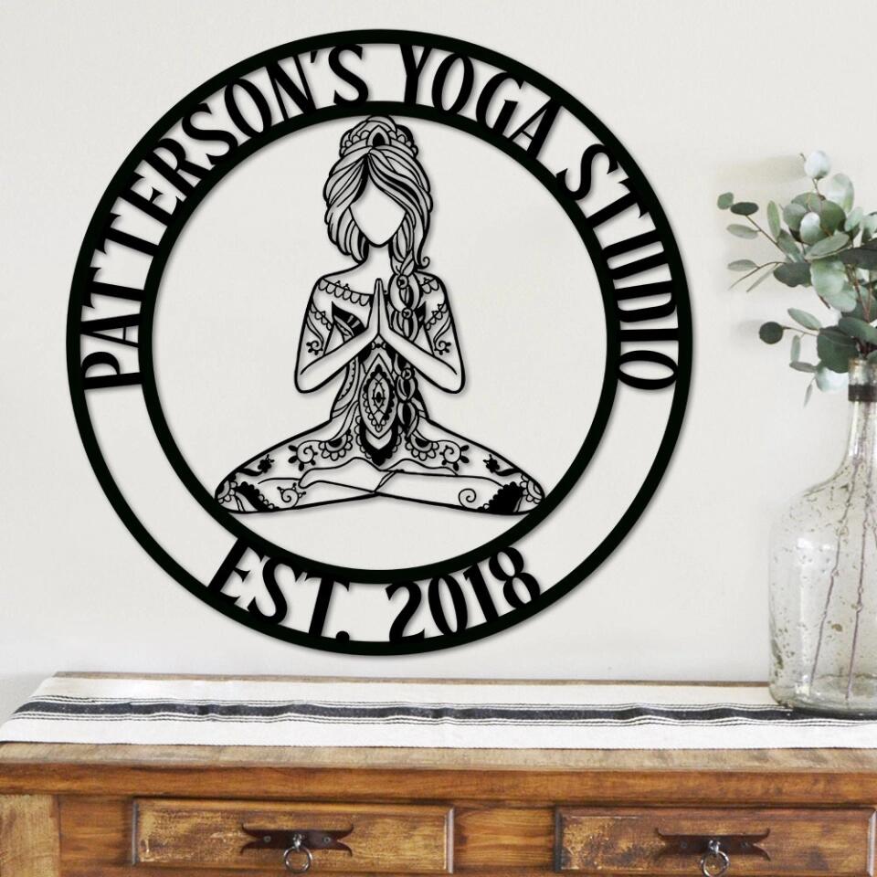 Girl Doing Yoga - Mandala Style Yoga Class Club - Personalized Cut Metal Sign - Gift for Yoga Lovers