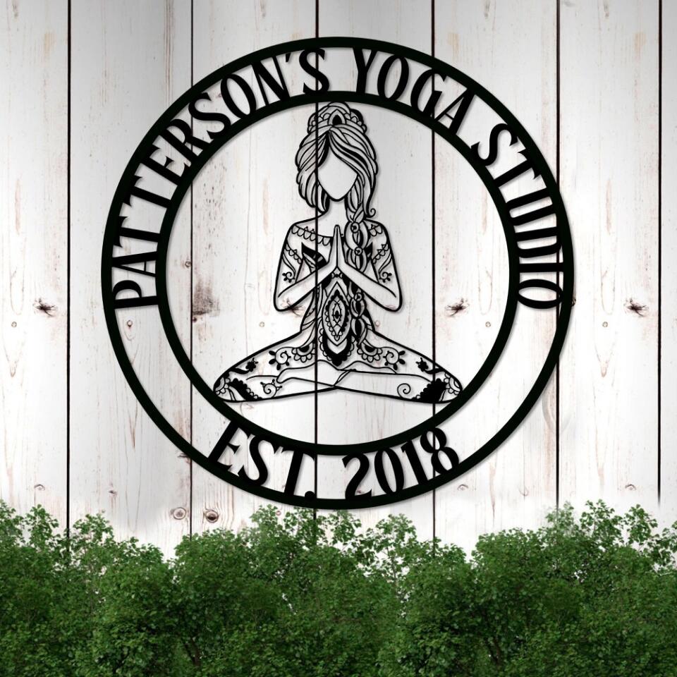 Girl Doing Yoga - Mandala Style Yoga Class Club - Personalized Cut Metal Sign - Gift for Yoga Lovers