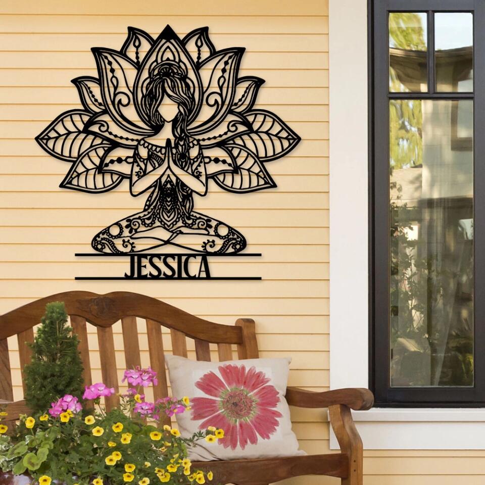 Girl Doing Yoga - Mandala Style Yoga Class Club - Personalized Cut Metal Sign - Gift for Yoga Lovers