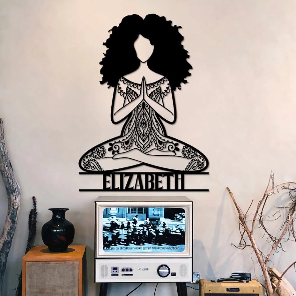 Girl Doing Yoga - Mandala Style Yoga Class Club - Personalized Cut Metal Sign - Gift for Yoga Lovers