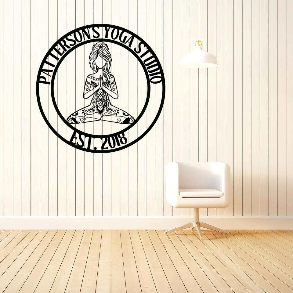 Girl Doing Yoga - Mandala Style Yoga Class Club - Personalized Cut Metal Sign - Gift for Yoga Lovers