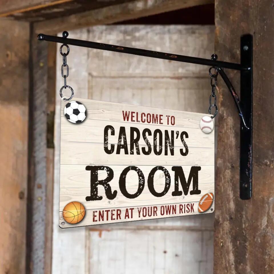 Welcome Enter Your Own Risk, Sporty Printed Metal Sign, Gift for Baseball Soccer Football Basketball Fan