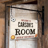 Welcome Sign - Welcome to Kid Room - Enter Your Own Risk Sport Lover - Metal Sign - Best Birthday Valentine Gift for Boys - for Baseball Soccer Football Basketball Fan - 212ICNVSMT395