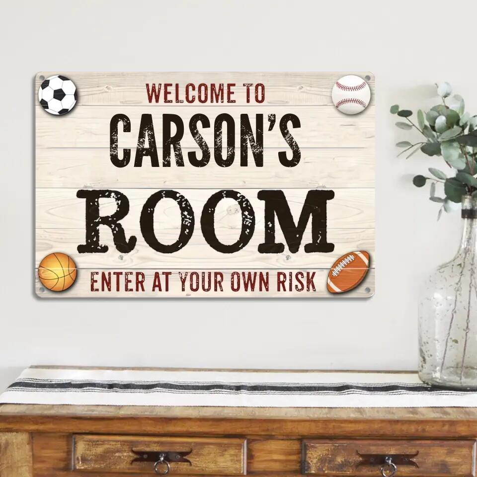 Welcome Sign - Welcome to Kid Room - Enter Your Own Risk Sport Lover - Metal Sign - Best Birthday Valentine Gift for Boys - for Baseball Soccer Football Basketball Fan - 212ICNVSMT395