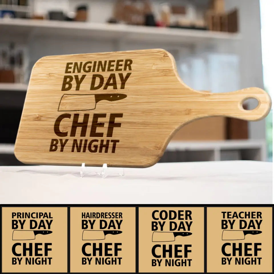 Engineer By Day Chef By Night - Custom Job&#39;s Name - Wood Cutting Board - Kitchen Decor - Best Birthday Valentine Gift for Coworker Boss Bestie - for Engineer Dad Husband - 212ICNNPWB410
