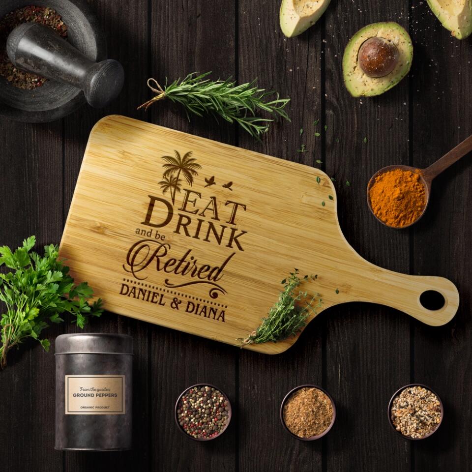 Eat Drink and be Retired, Personalized Name Wooden Cutting Board with Handle, Retirement Gift for Coworkers