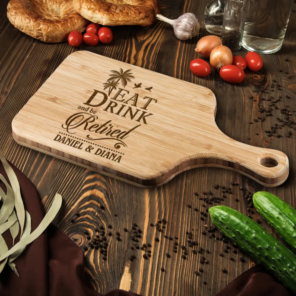 Eat Drink and be Retired, Personalized Name Wooden Cutting Board with Handle, Retirement Gift for Coworkers