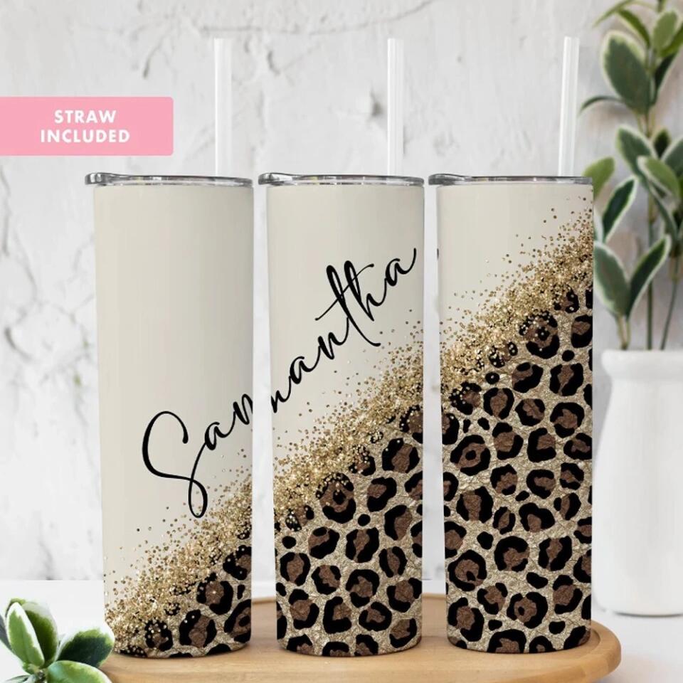 Custom Name with Leopard Print, Cheetah Cup With Straw, Personalized Nickname Tumbler, Cup For Women