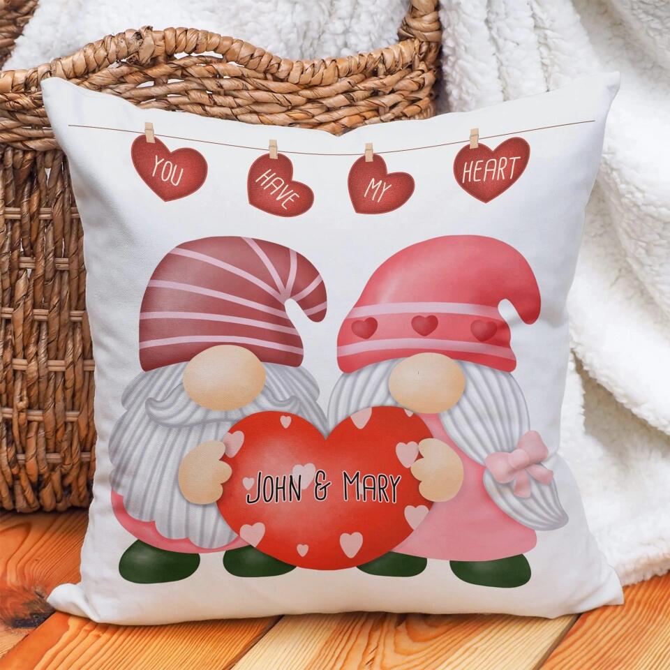 Gnome Couple with Heart Valentine Style - Square Pillow - Personalized His Name & Her Name - Custom Nicknames - Valentine Gift for Girlfriend Boyfriend Husband Wife - Anniversary Gifts - 301ICNNPPI040