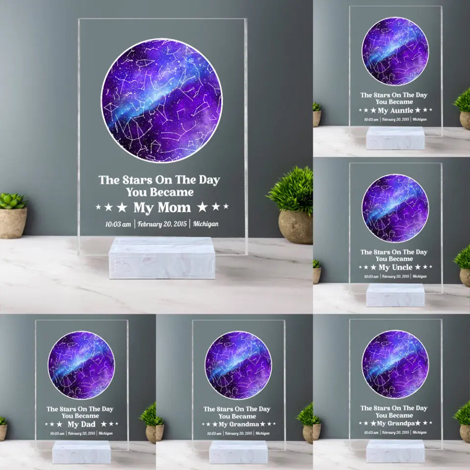 Star Map The Stars on The Day You Became My Mom Dad Grandma Grandpa Uncle Aunt - Acrylic Plaque - Personalized Time Date of Birth - Custom Address - Birthday Gift for Family Members - 301ICNBNAP060