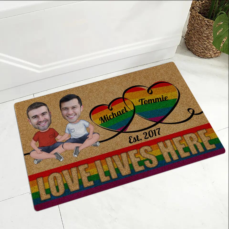 Personalized Valentine Gifts - Love Lives Here - Housewarming Gifts - Custom Doormat - Anniversary Gift For LGBT Couples