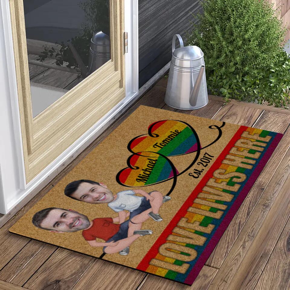 Personalized Valentine Gifts - Love Lives Here - Housewarming Gifts - Custom Doormat - Anniversary Gift For LGBT Couples