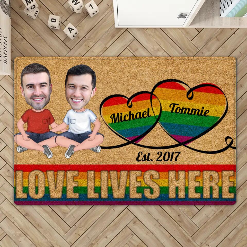 Personalized Valentine Gifts - Love Lives Here - Housewarming Gifts - Custom Doormat - Anniversary Gift For LGBT Couples