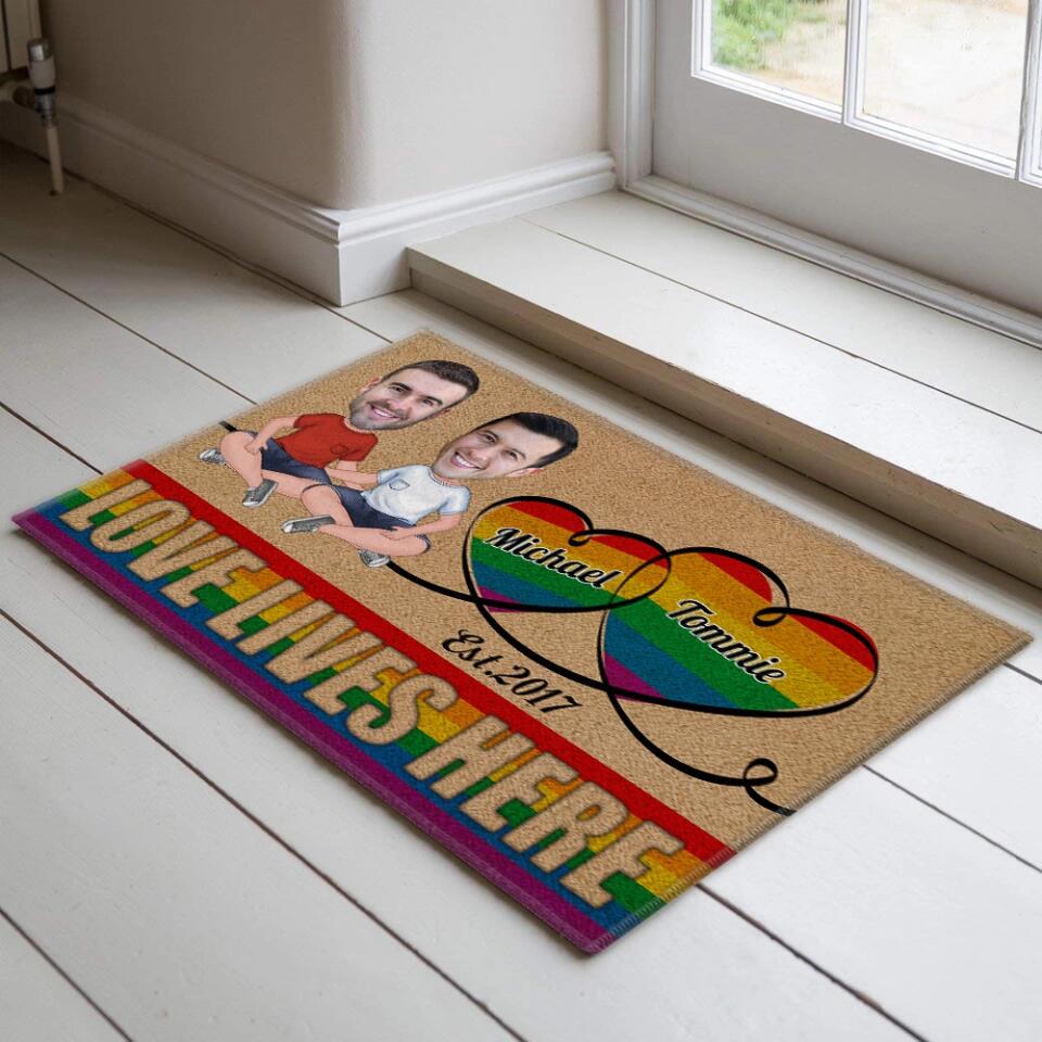 Personalized Valentine Gifts - Love Lives Here - Housewarming Gifts - Custom Doormat - Anniversary Gift For LGBT Couples