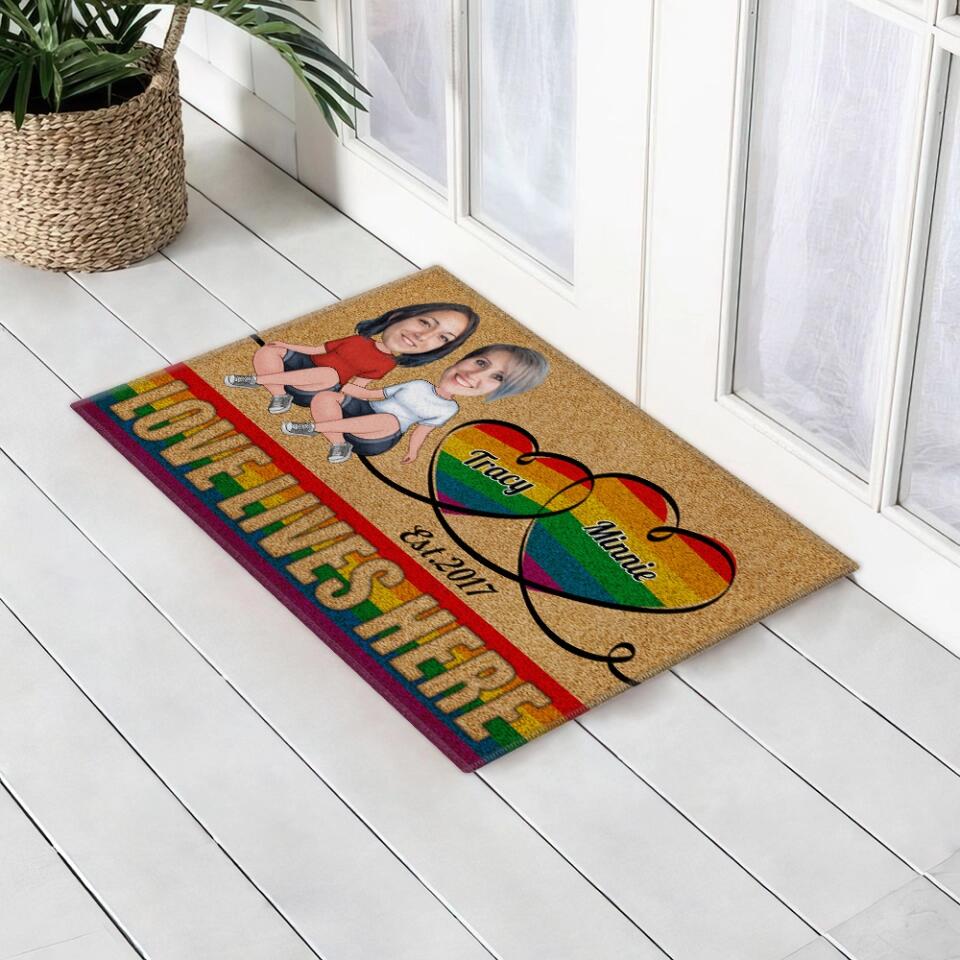 Personalized Valentine Gifts - Love Lives Here - Housewarming Gifts - Custom Doormat - Anniversary Gift For LGBT Couples