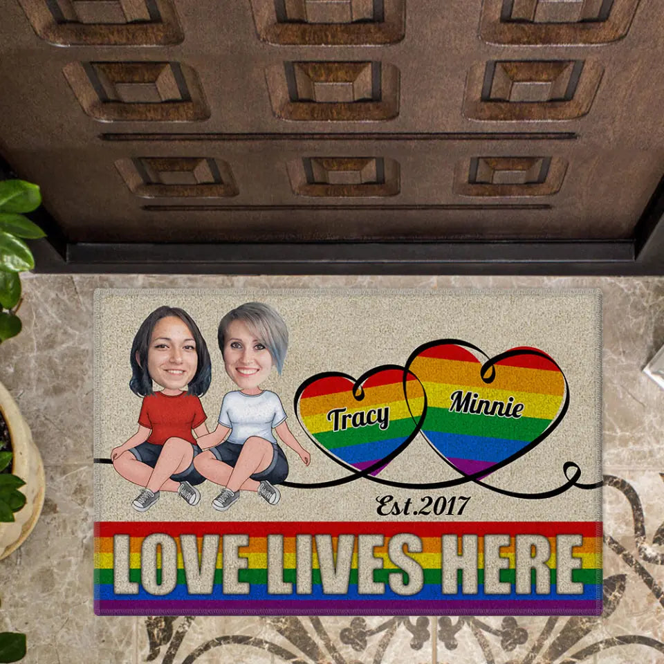 Personalized Valentine Gifts - Love Lives Here - Housewarming Gifts - Custom Doormat - Anniversary Gift For LGBT Couples