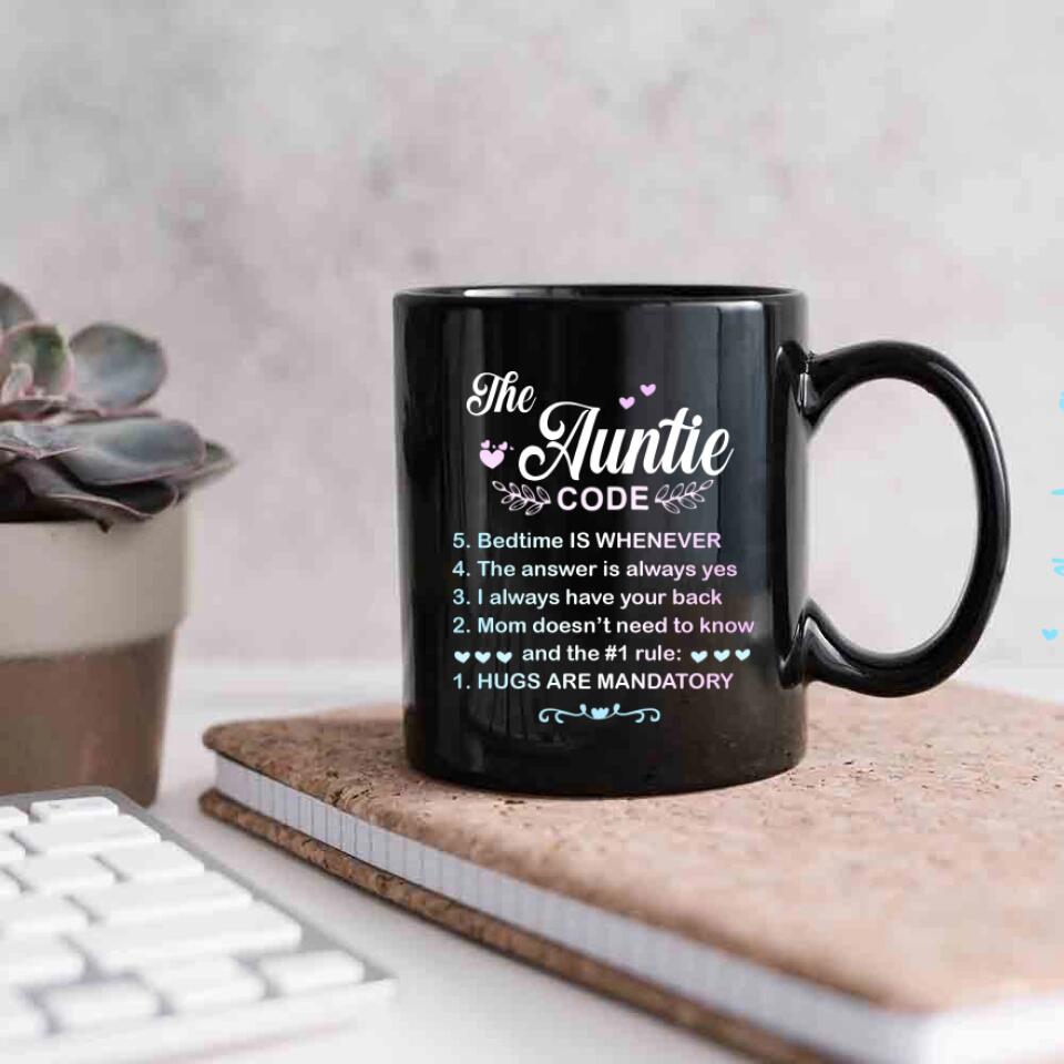 The Auntie Code Cup, Personalized Name with Flower Black Mug, Best Gift For Aunt from Niece/Nephew