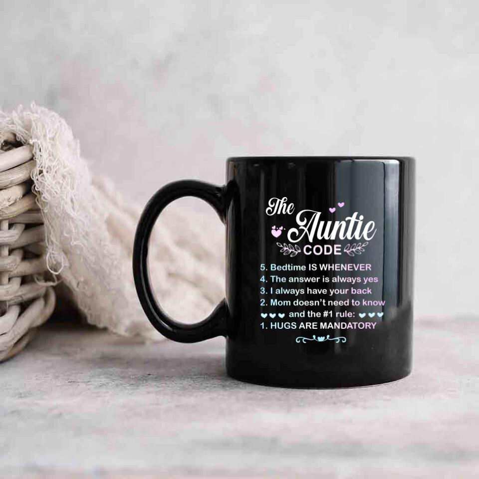The Auntie Code Cup, Personalized Name with Flower Black Mug, Best Gift For Aunt from Niece/Nephew