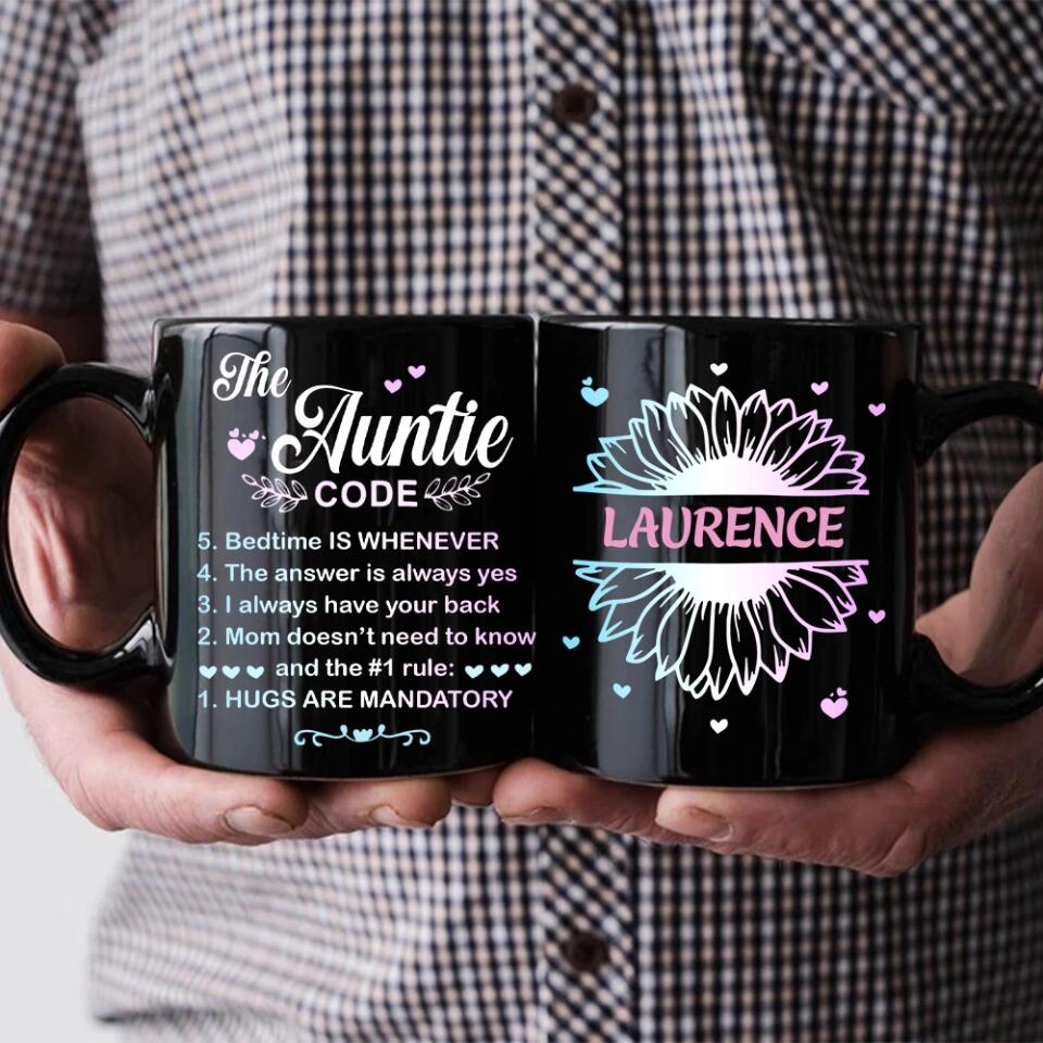 The Auntie Code Cup, Personalized Name with Flower Black Mug, Best Gift For Aunt from Niece/Nephew