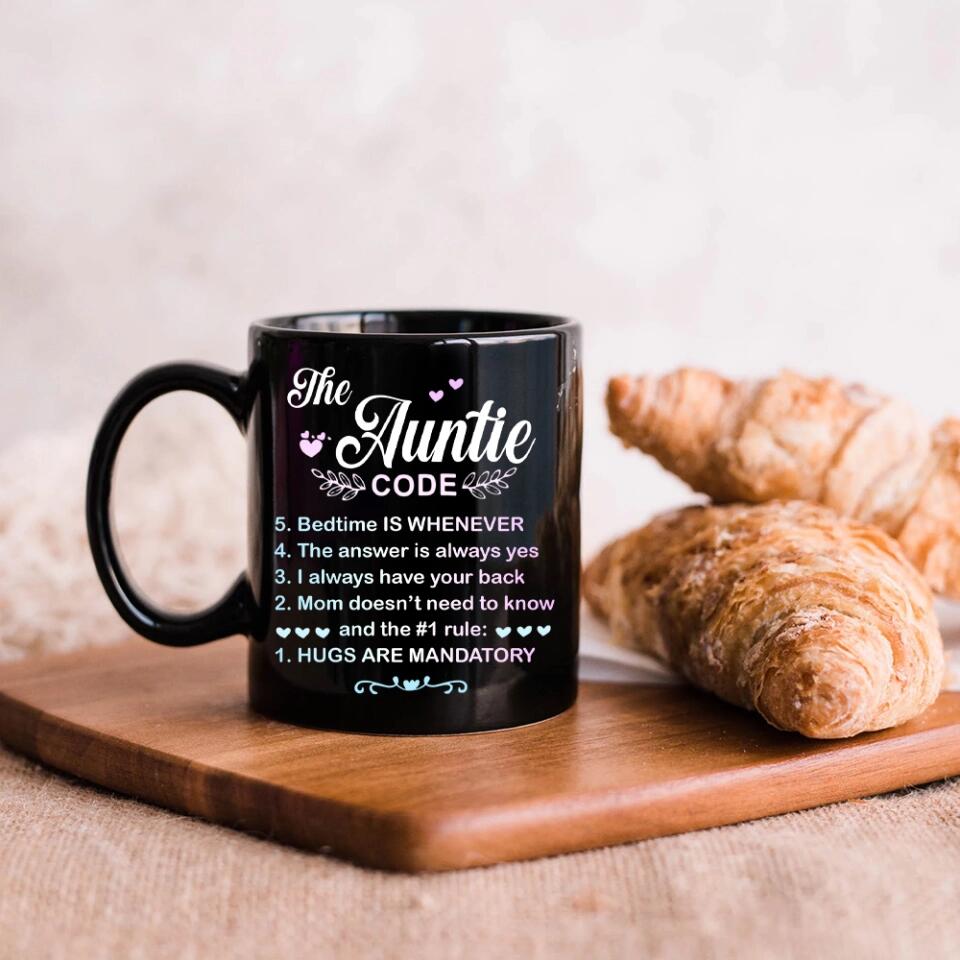 The Auntie Code Cup, Personalized Name with Flower Black Mug, Best Gift For Aunt from Niece/Nephew