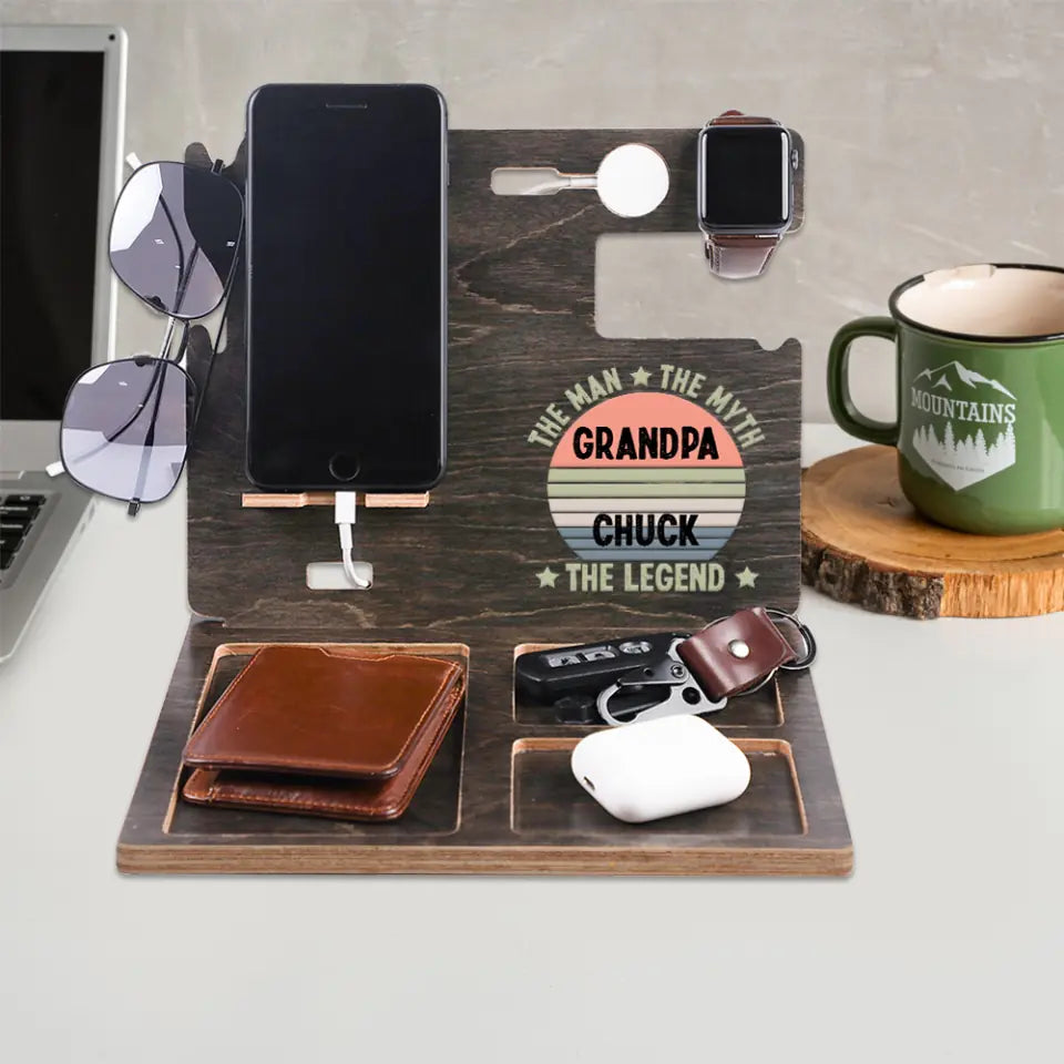 The Man The Legend - Personalized Name - Custom Nickname - Dock Station - Stuff Organizer - Phone Clock Holder - Wooden Dock Station for Dad Grandpa - Birthday Gift - Father&#39;s Day Gift - 302ICNNPDS106