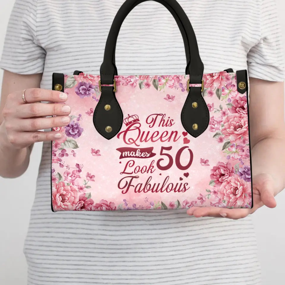 This Queen Makes 50 Look Fabulous - Personalized Age - Custom Years Old - Leather Bag - Pink with Flowers Background - for Women - Birthday Gift - Gift for Mom Grandma Nana Auntie - 302ICNBNLB100