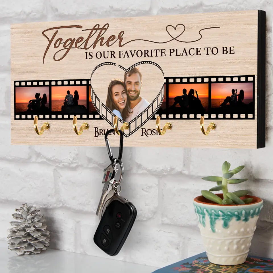 Couple Wooden Sign Together is Our Favorite Place To Be - Personalized Wooden Key Holder - Custom Photo & Names