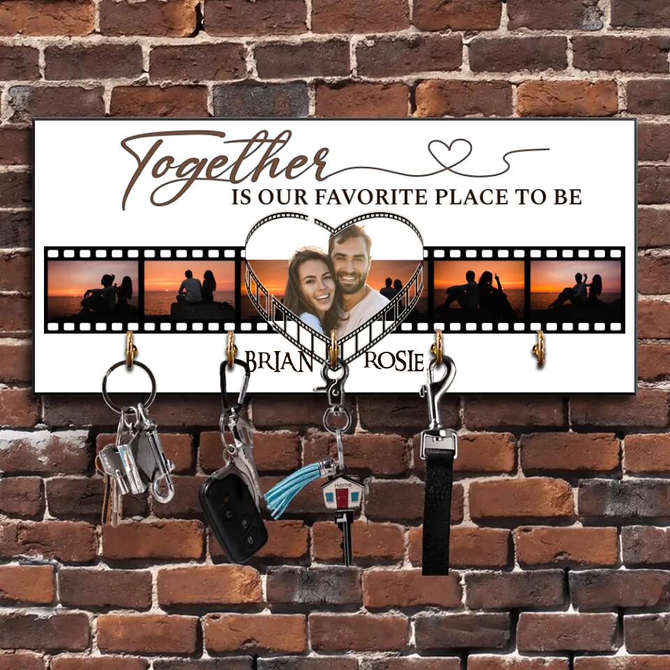 Couple Wooden Sign Together is Our Favorite Place To Be - Personalized Wooden Key Holder - Custom Photo & Names