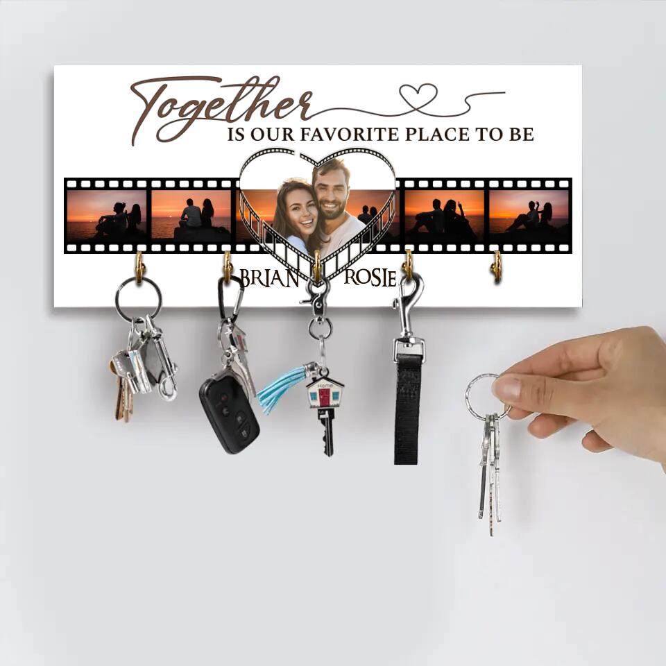Couple Wooden Sign Together is Our Favorite Place To Be - Personalized Wooden Key Holder - Custom Photo & Names