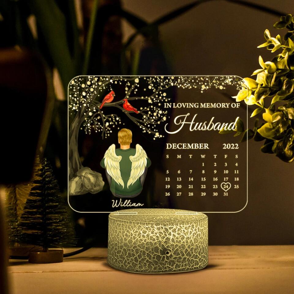 In Loving Memory of Angel In Heaven - Personalized Calendar Night Light - Memorial Gift for Loss of Dad, Grandpa, Husband