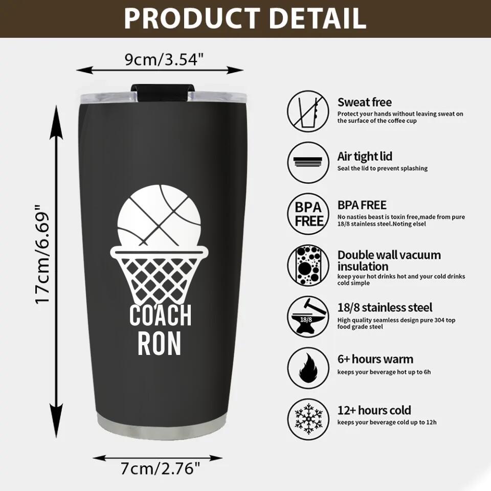 Personalized Basketball Coach Stainless Steel Tumbler - Appreciation Gift for Basketball Coach