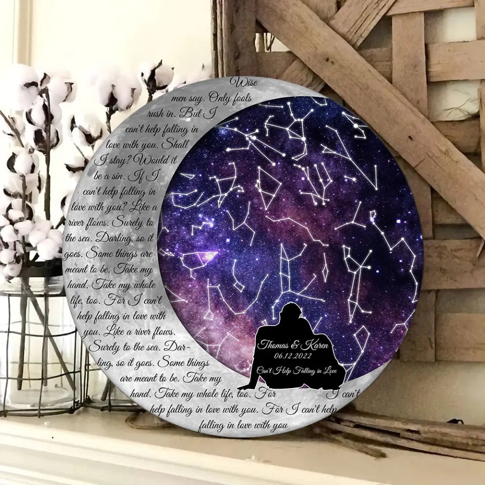 Couple in Night Sky, Star Map - Personalized Round Wooden Sign