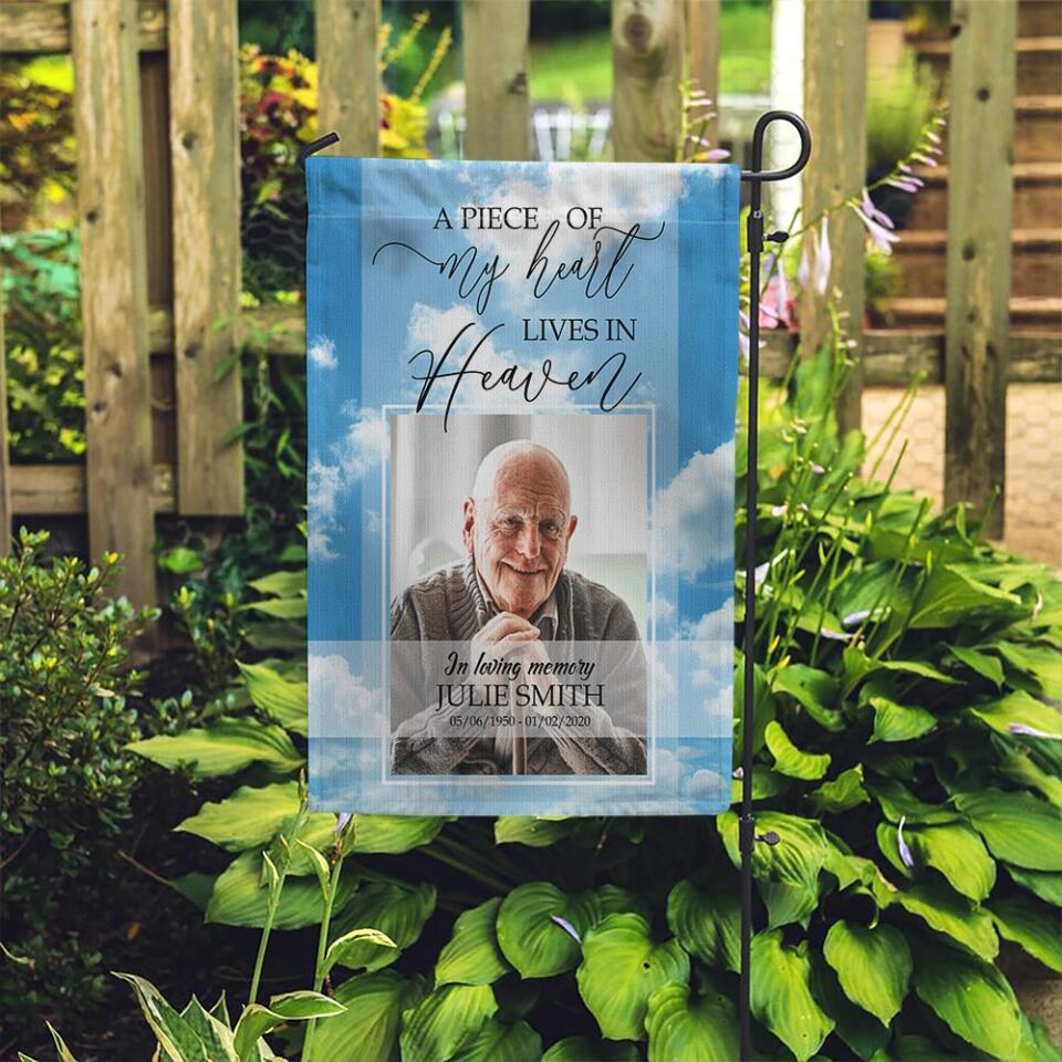 In Loving Memory - A Piece of My Heart Lives in Heaven - Memorial Gift for Beloved - Blue Sky Background - Personalized Photo & Name - Garden Flag - Gift for Loss Husband Brother - 302ICNNPFL204